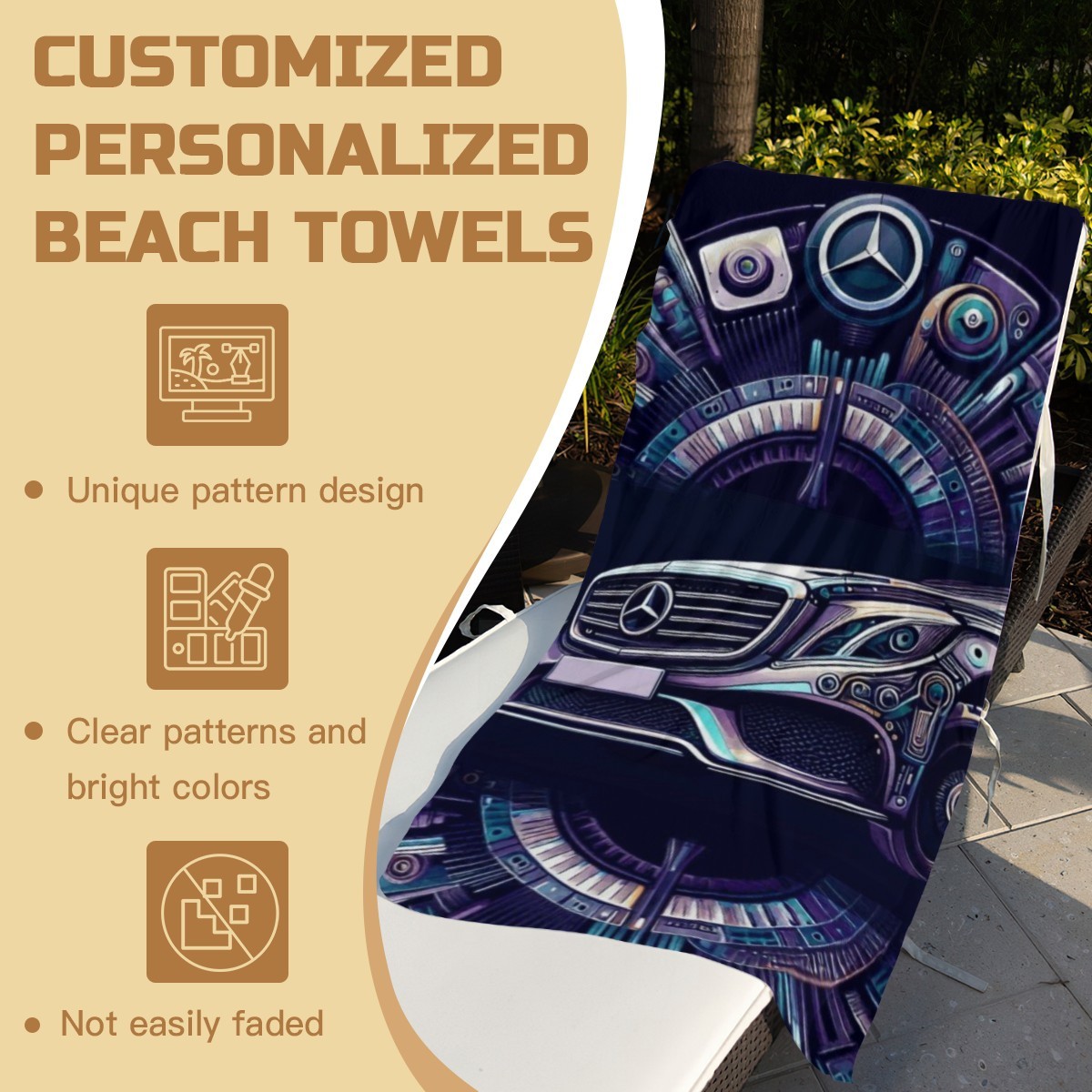 Conheça a Toalha de Praia Mercedes Benz. Temos para si o acessório perfeito para elevar o seu estilo à beira-mar, unindo o prestígio automóvel a uma impressionante arte mecânica e futurista