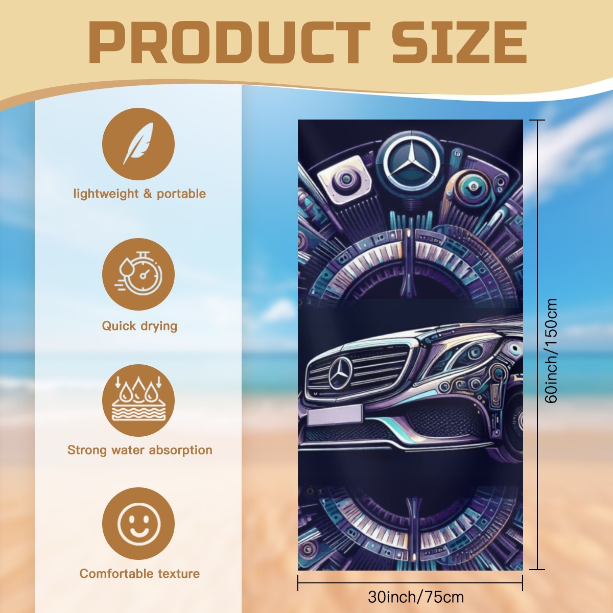 Conheça a Toalha de Praia Mercedes Benz. Temos para si o acessório perfeito para elevar o seu estilo à beira-mar, unindo o prestígio automóvel a uma impressionante arte mecânica e futurista