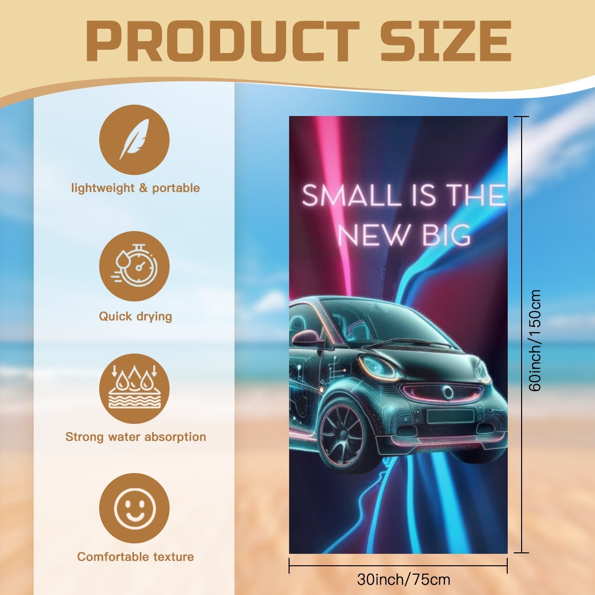 Toalha de Praia Citröen 2 CV. Toalha de banho com design automóvel, toalha de piscina exclusiva Citröen 2 Cavalos toalha de secagem rápida para entusiastas de carros.