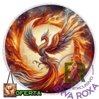 Toalha de praia redonda com ilustração de fénix e oferta de saco de pano com o mesmo padrão. Toalha de Praia Redonda Fénix em fogo