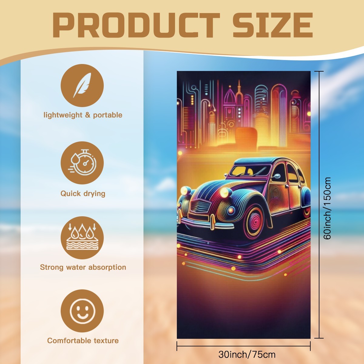 Toalha de Praia Citröen 2 CV. Toalha de banho com design automóvel, toalha de piscina exclusiva Citröen 2 Cavalos toalha de secagem rápida para entusiastas de carros.