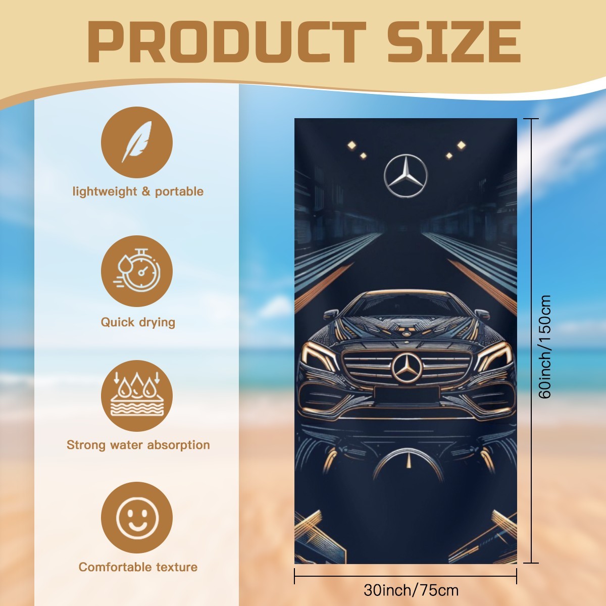 Adicione sofisticação, velocidade e estilo aos seus dias de verão com a Toalha de Praia Mercedes-Benz. Agora com a oferta de um lindo saco com o mesmo design para levar a sua toalha para a praia com estilo.