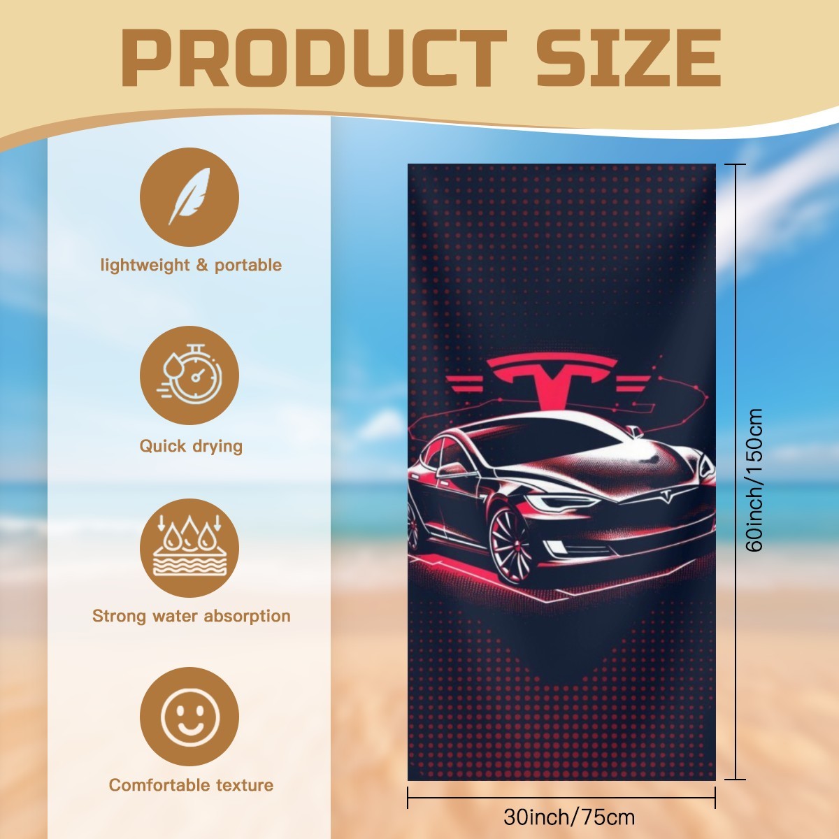 Toalha de Praia Tesla. Toalha de banho com design automóvel, toalha de piscina exclusiva Tesla, toalha de secagem rápida para entusiastas de carros. Com oferta de saco de transporte