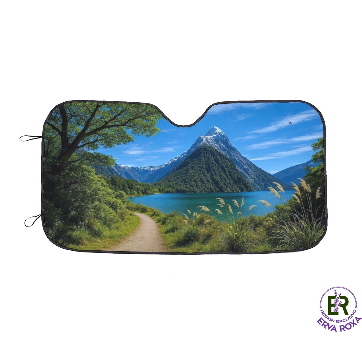 Proteja a sua viatura com este pára-sol para autocaravana XL com impressão de paisagem de montanha, lago e caminho natural. Fabricado em tecido Oxford premium e folha de alumínio termorrefletora, garante isolamento térmico eficiente no para-brisas. É um produto original e exclusivo da loja Erva Roxa.