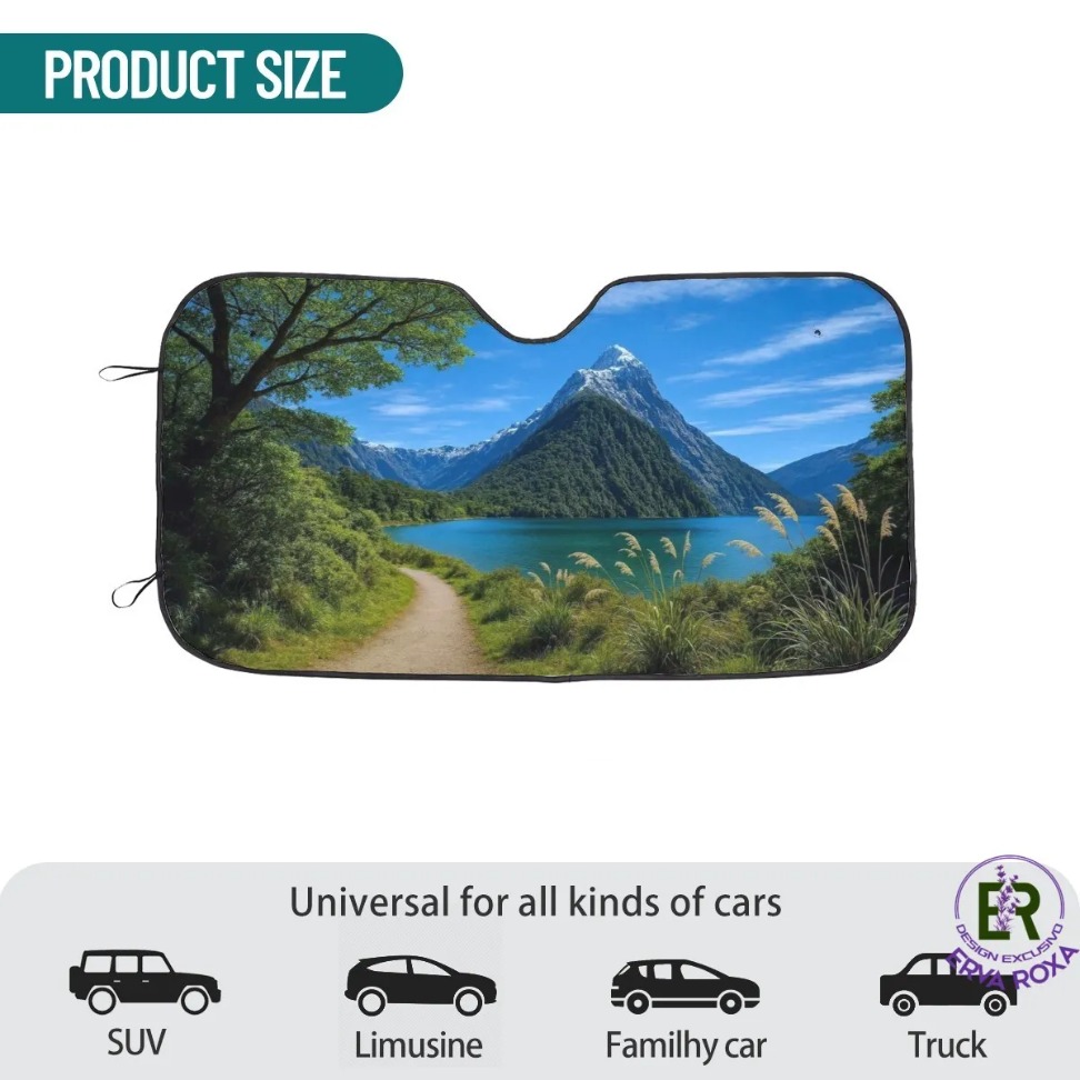 Proteja a sua viatura com este pára-sol para autocaravana XL com impressão de paisagem de montanha, lago e caminho natural. Fabricado em tecido Oxford premium e folha de alumínio termorrefletora, garante isolamento térmico eficiente no para-brisas. É um produto original e exclusivo da loja Erva Roxa.