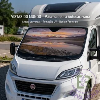 Para-sol de autocaravana com imagem de paisagem de montanhas.