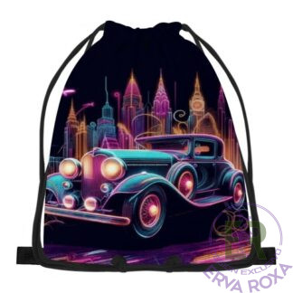 Conheça o Saco de Cordões Modelo automóvel clássico. Apresentamos um acessório cheio de nostalgia e estilo urbano, que destaca a ilustração vibrante de um carro vintage em linhas de néon contra o cenário de uma grande cidade iluminada