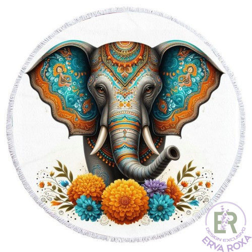 Toalha de Praia Redonda com Elefante Mandala - Design Exclusivo