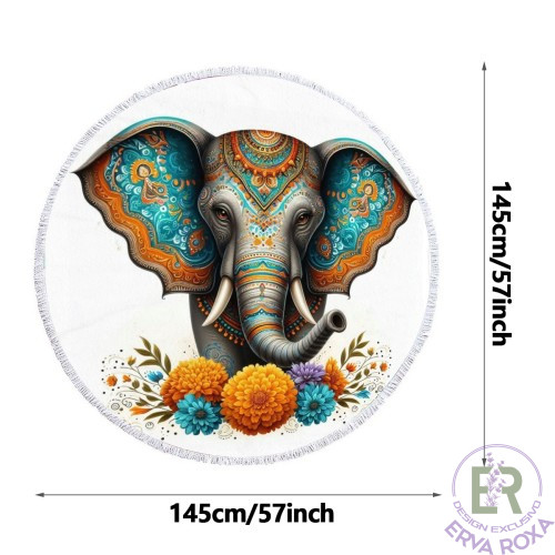 A Toalha de Praia Redonda com Elefante Mandala é um artigo original e exclusivo da Erva Roxa, ideal para quem procura uma toalha de banho circular com ilustração étnica detalhada.Com a oferta de um lindo saco com o mesmo design para levar a sua toalha para a praia com estilo