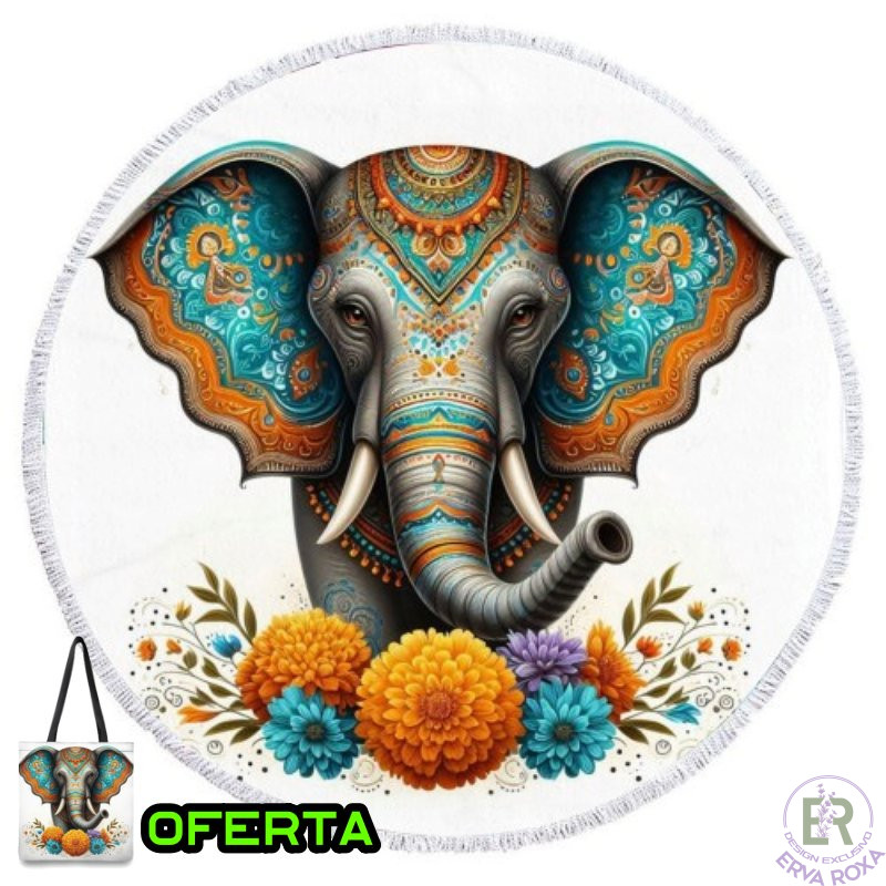 Toalha de Praia Redonda com Elefante Mandala - Design Exclusivo