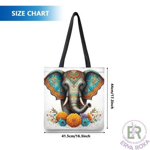 Saco de pano branco com com alças pretas e ilustração de um elefante ornamentado com mandala e com flores coloridas. Saco de Pano com Elefante Mandala