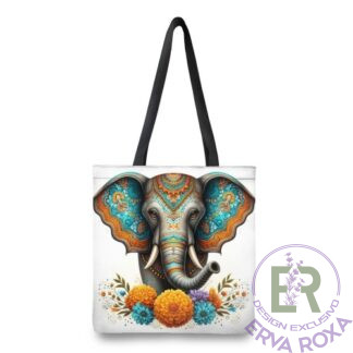 Saco de pano branco com com alças pretas e ilustração de um elefante ornamentado com mandala e com flores coloridas. Saco de Pano com Elefante Mandala