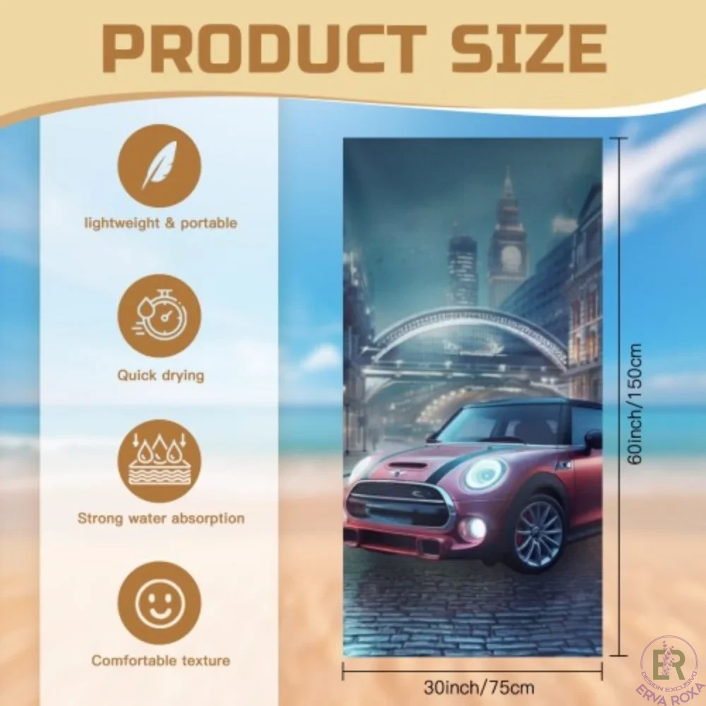 Conheça a Toalha de Praia Mini Cooper. Temos para si o acessório ideal para levar a energia urbana e o carismático estilo britânico deste ícone automóvel diretamente para os seus dias de sol.