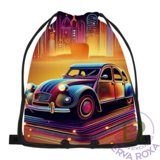 Conheça o Saco de Cordões Citroën 2 cavalos. Apresentamos um acessório prático e cheio de estilo, perfeito para levar a sua energia para qualquer lado com esta ilustração vibrante e futurista do clássico carro
