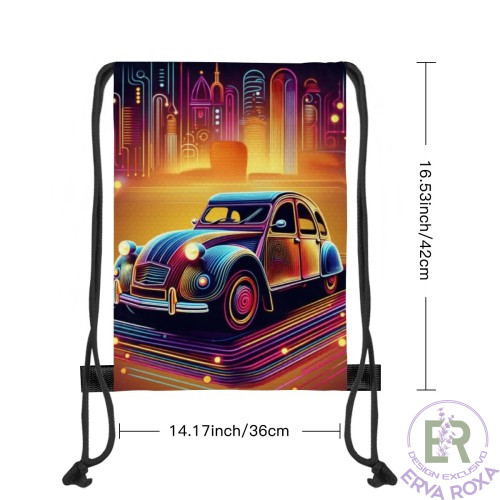 Conheça o Saco de Cordões Citroën 2 cavalos. Apresentamos um acessório prático e cheio de estilo, perfeito para levar a sua energia para qualquer lado com esta ilustração vibrante e futurista do clássico carro