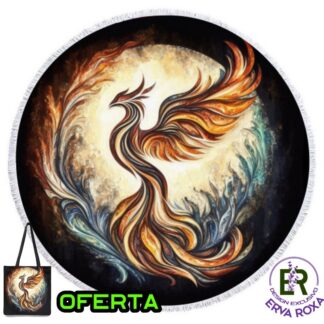 Toalha de Praia Redonda fénix e saco com ilustração de fénix, com texto OFERTA e logótipo Erva Roxa