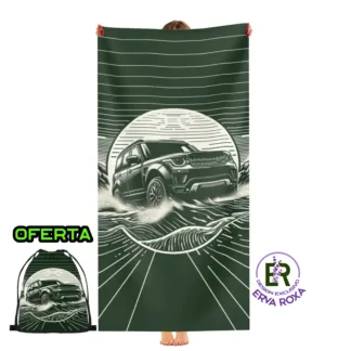 Toalha de Praia verde Land Rover. Toalha de banho com design automóvel, toalha de piscina exclusiva Land Rover, toalha de secagem rápida para entusiastas de carros. Com saco de oferta.
