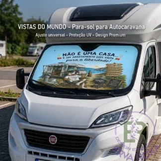 Para-sol personalizado em autocaravana Fiat branca com ilustração.