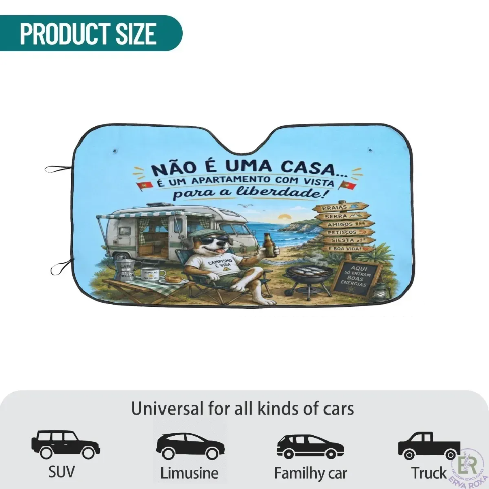 Para-sol de carro com ilustração de campismo e cão.