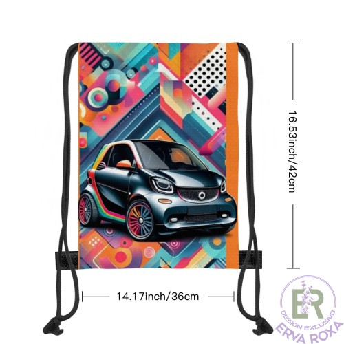 Conheça o Saco de Cordões Smart Fortwo. Apresentamos um acessório super moderno e dinâmico, que destaca a ilustração cheia de estilo do compacto citadino rodeado por padrões geométricos vibrantes e coloridos.