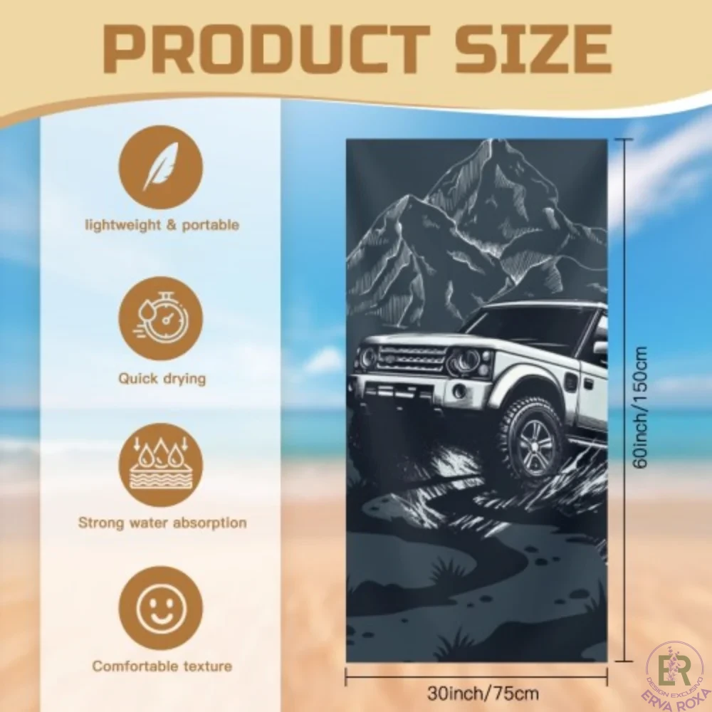Conheça a Toalha de Praia Land Rover. Temos para si o acessório ideal para levar o espírito de aventura e a força do todo-o-terreno para as suas férias de verão, com uma ilustração marcante de montanhas.