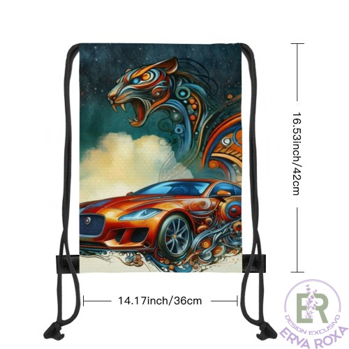 Conheça o Saco de Cordões Modelo Jaguar. Apresentamos um acessório vibrante e cheio de garra, que destaca a ilustração artística de um desportivo cor de laranja envolto em detalhes mecânicos e coroado pelo rugido imponente de um jaguar