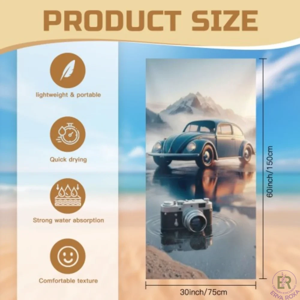 Conheça a Toalha de Praia Volkswagen Carocha. Temos para si o acessório ideal para levar a nostalgia e o charme vintage deste clássico eterno para os seus dias de sol, acompanhado por uma elegante máquina fotográfica retro