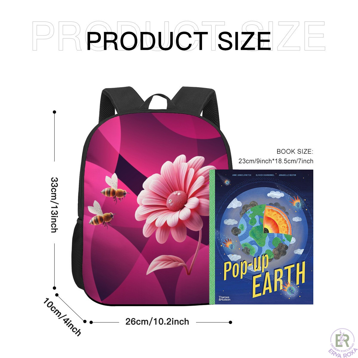 Mochila cor-de-rosa com flor e abelhas, mostrando dimensões detalhadas.