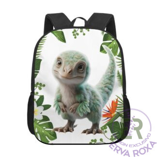 A Mochila Escolar Dinossauro Bebé é um produto original e exclusivo da Erva Roxa, concebido com um padrão visual de dinossauro em tons tropicais