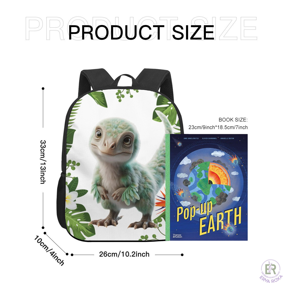 Mochila com desenho de dinossauro e dimensões indicadas.
