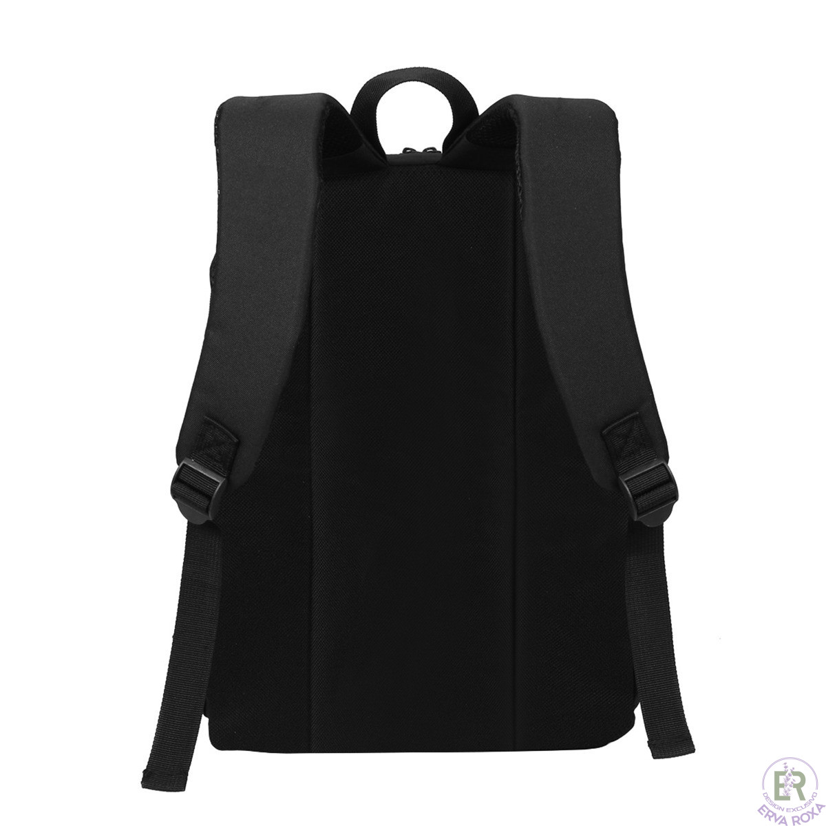 Parte traseira de mochila preta com alças almofadadas.
