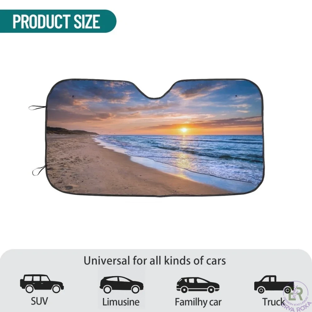Para-sol para carro com imagem de pôr-do-sol na praia.