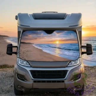 Autocaravana com para-sol ilustrando uma praia ao pôr do sol.