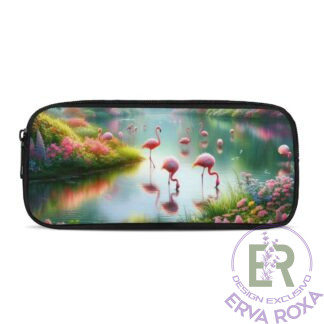 Estojo com ilustração de flamingos num lago com flores.