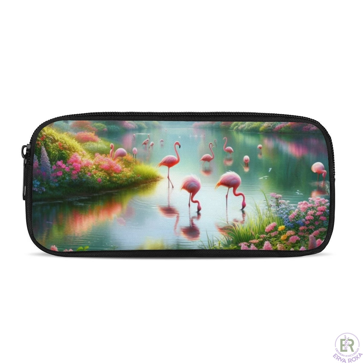 Estojo Escolar Ilustração Flamingos no Lago – Erva Roxa