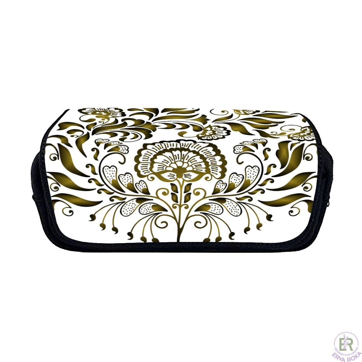Estojo Escolar Duplo Grande com Padrão Floral Dourado – Erva Roxa