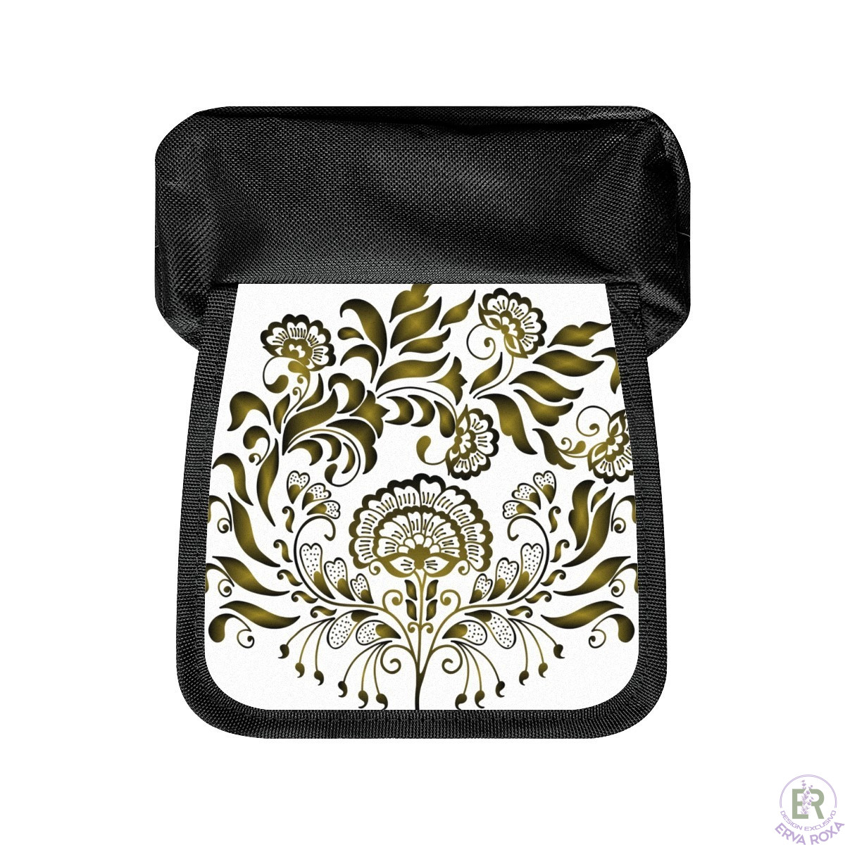 Bolsa preta com painel decorativo floral em tons dourados.