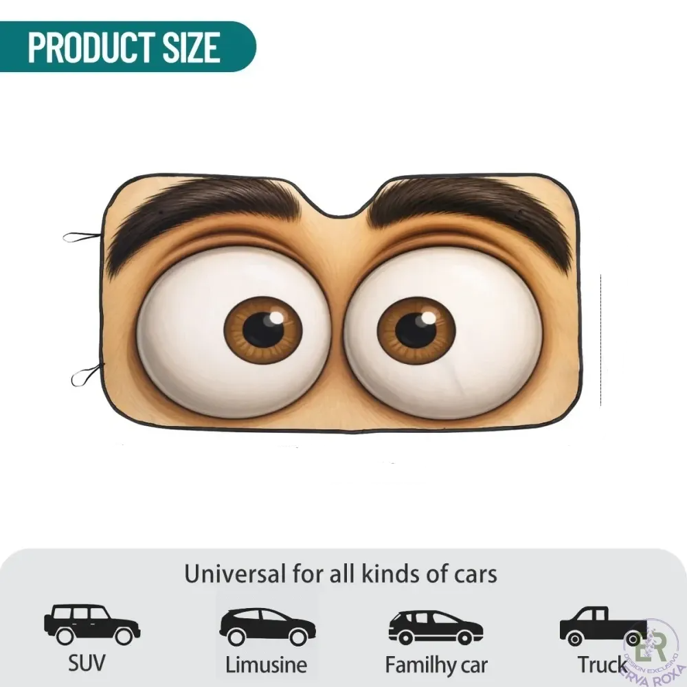 Para-sol para carro com olhos grandes e dimensões assinaladas.