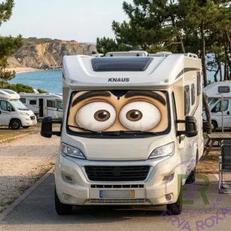 Para-sol para Autocaravana com Olhos divertidos é original e exclusivo da Erva Roxa garante máxima proteção contra os raios UV e reduz o calor no interior do veículo. Este para-sol para autocaravana destaca-se pelo design divertido com olhos expressivos e sobrancelhas proeminentes, aliando eficiência térmica a um visual único.