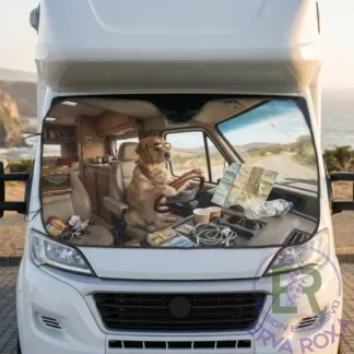 O Pára-sol para Autocaravana Cão Condutor, original e exclusivo da Erva Roxa alia máxima proteção contra os raios UV a uma divertida imagem de um cão Golden Retriever ao volante. Este protetor solar para para-brisas reduz eficazmente a temperatura interior e previne o desgaste do habitáculo