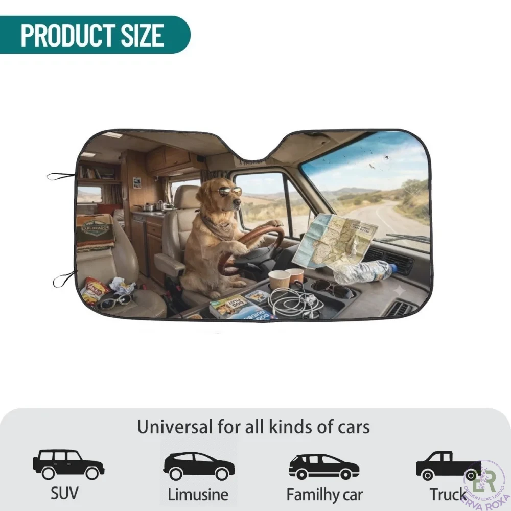Para-sol de carro com imagem de cão a conduzir.