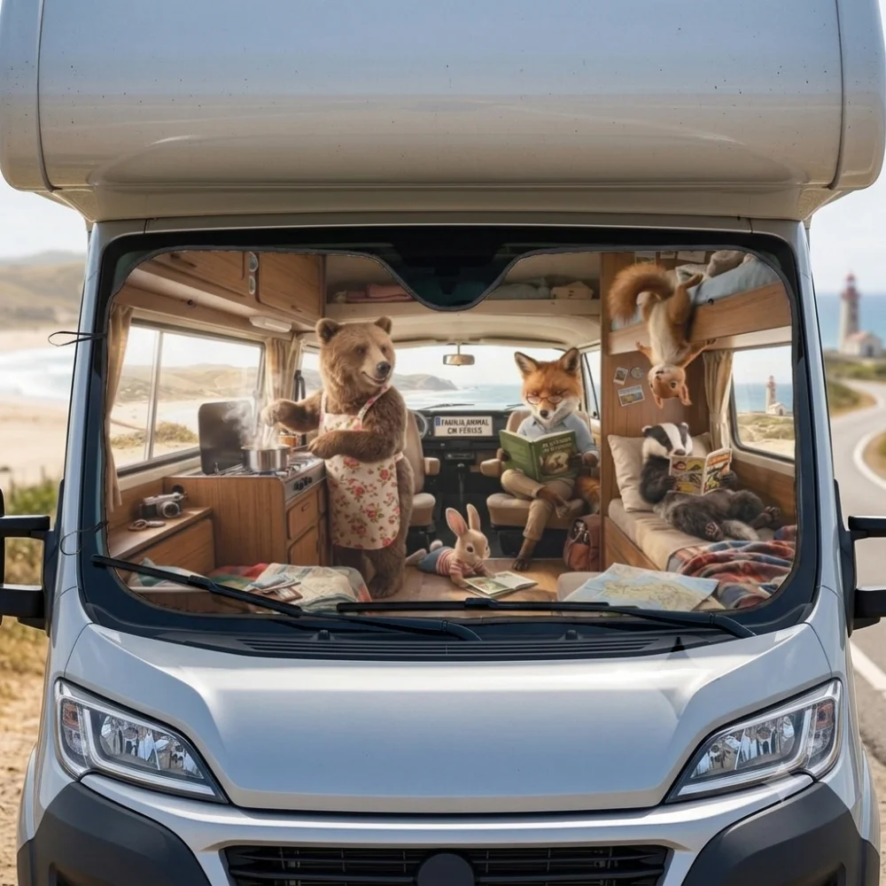 Pára-sol para Autocaravana familia em passeio – Proteção Térmica L/XL
