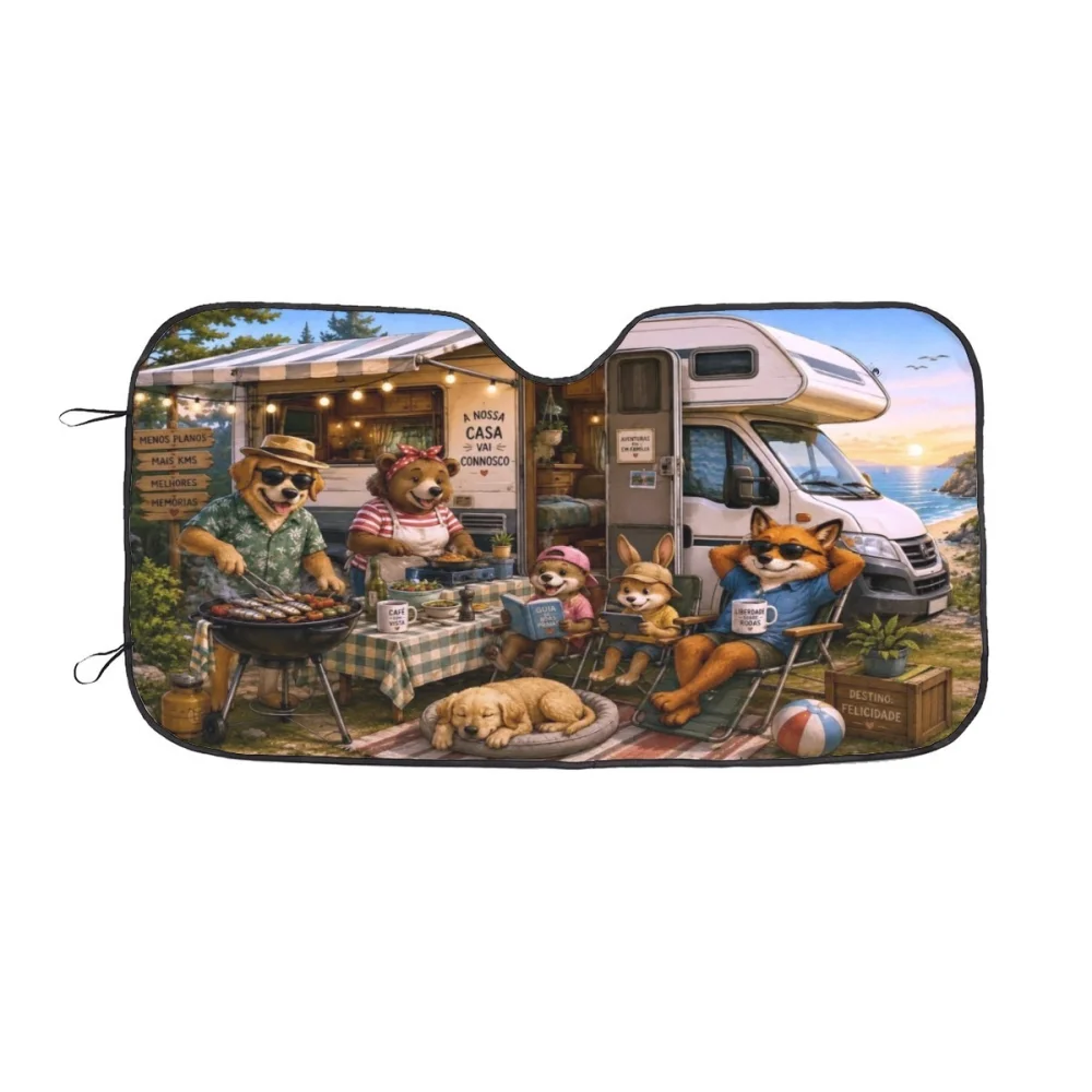 Para-sol de carro com ilustração de animais num acampamento.
