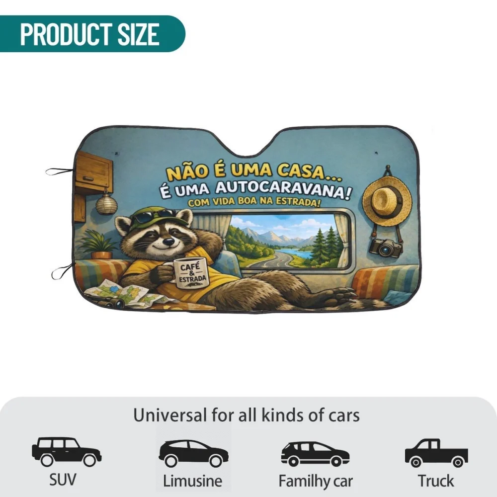 Para-sol de carro com ilustração de guaxinim em autocaravana.