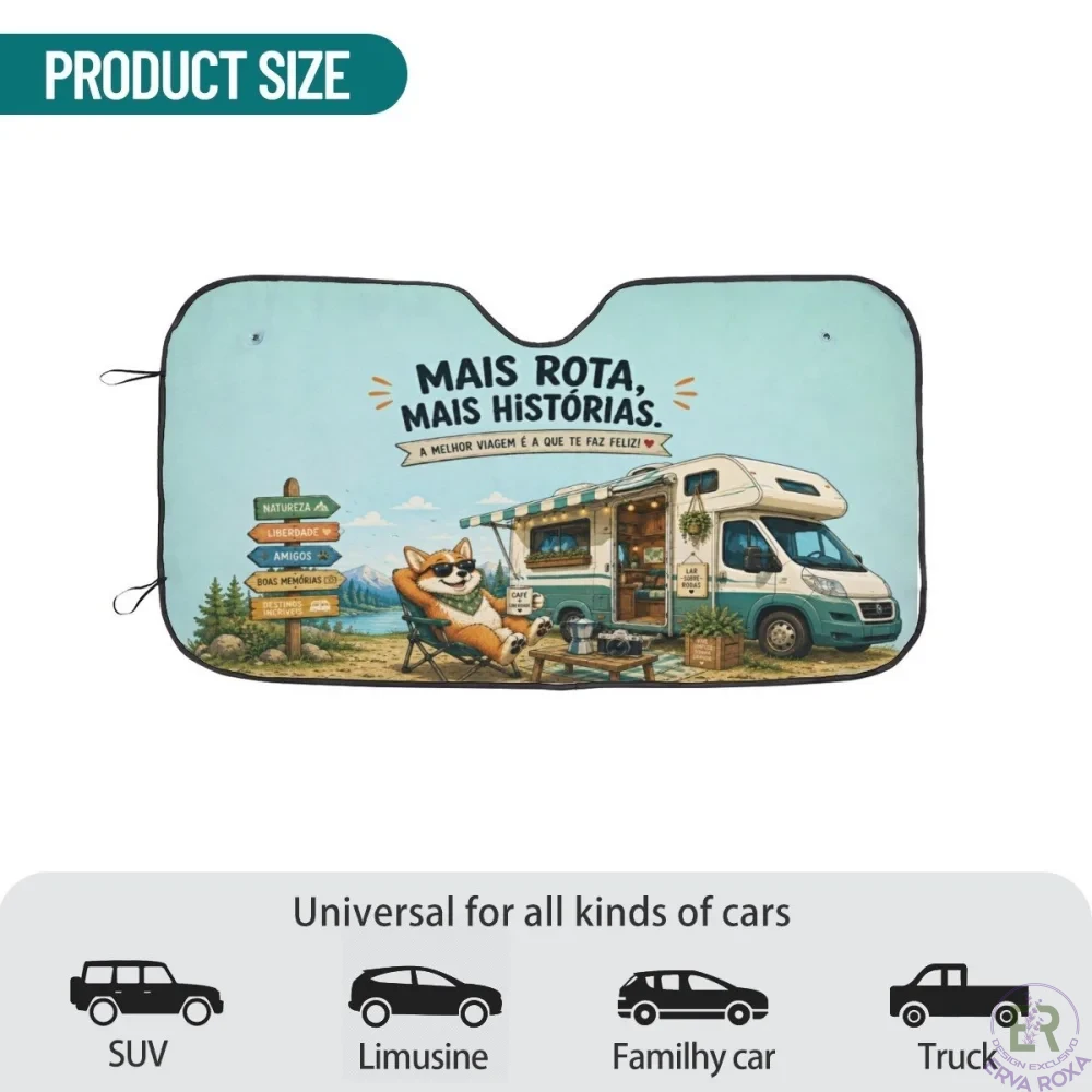 Para-sol de carro com corgi, autocaravana e frase inspiradora.