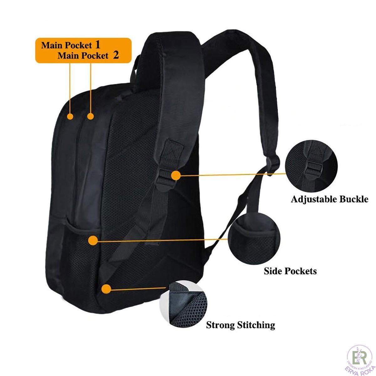 Mochila preta com compartimentos principais, bolsos laterais e fivelas ajustáveis.
