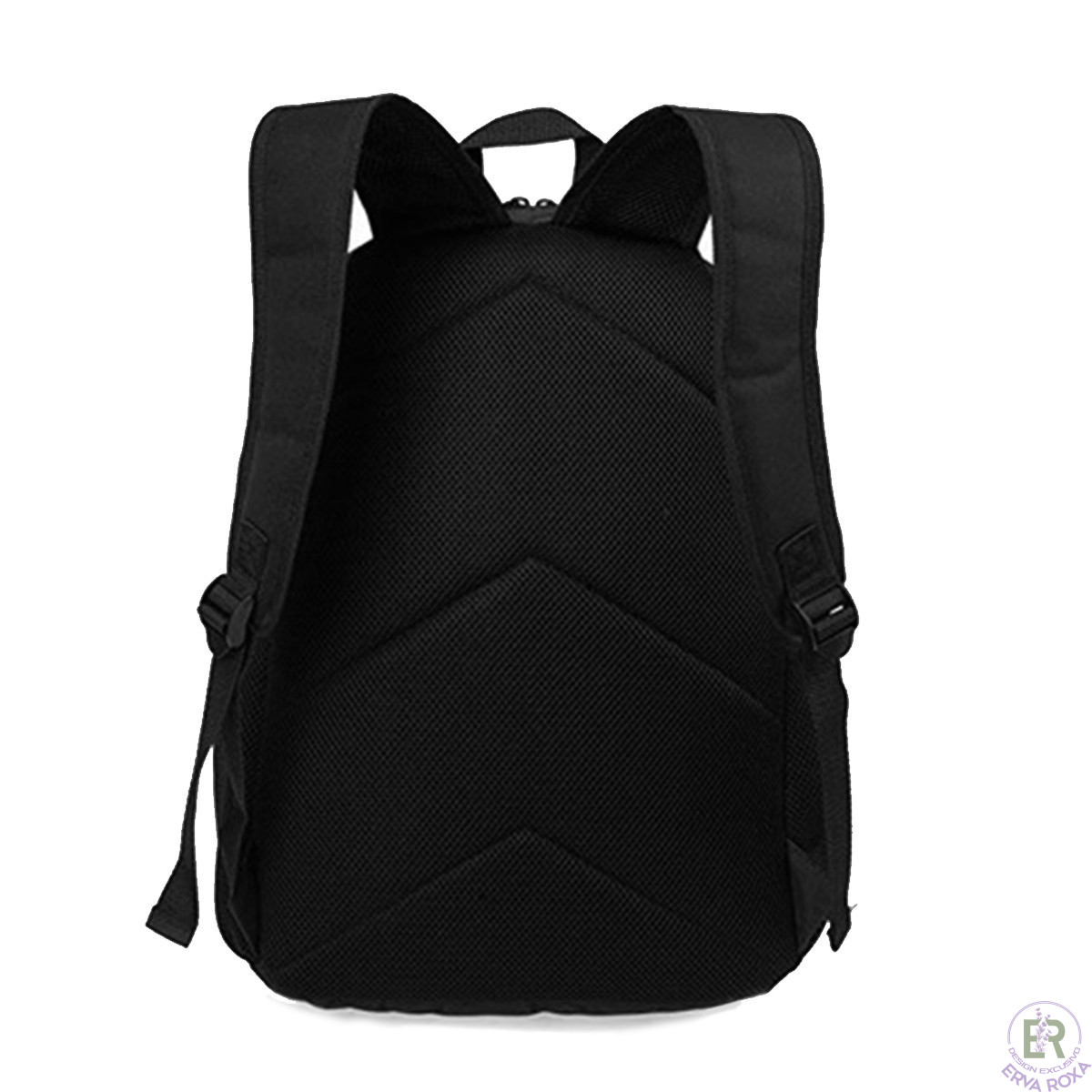 Vista traseira de uma mochila preta com alças almofadadas.