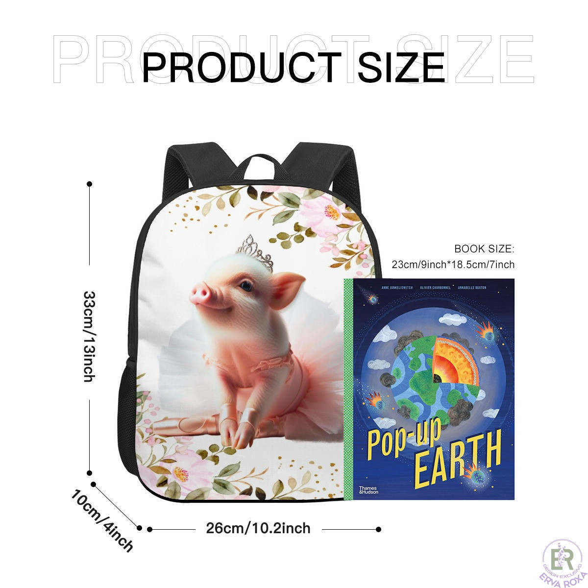 Mochila infantil com estampa de porquinho bailarina e dimensões.