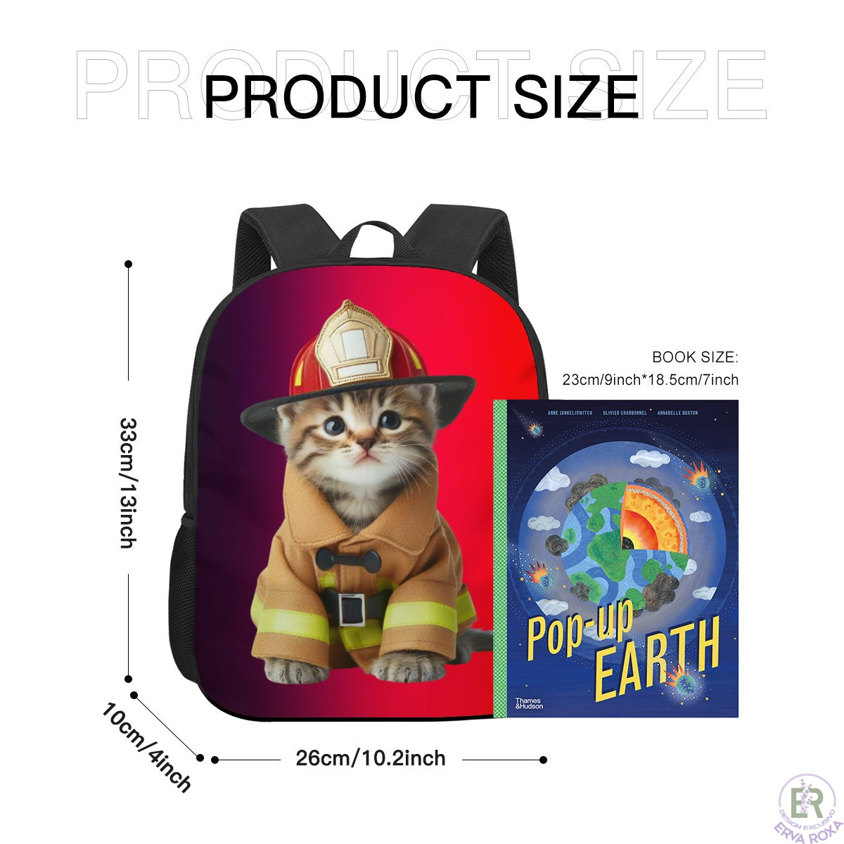 Mochila escolar com gato bombeiro e dimensões do produto.