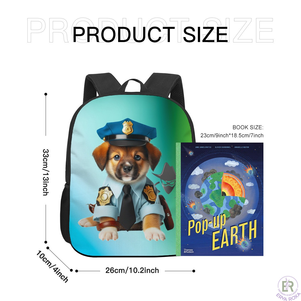 Mochila infantil de cão polícia com dimensões detalhadas.
